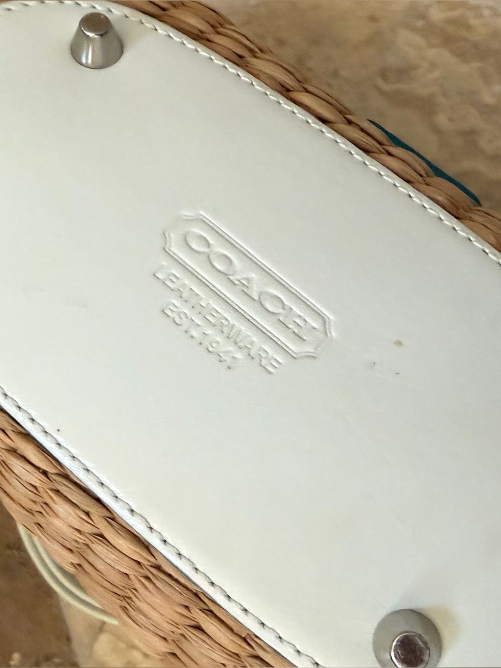 coach Y2K vintage SUMMER straw leather PURSE Teal and White Woven Top-Handle - Picture 6 of 16